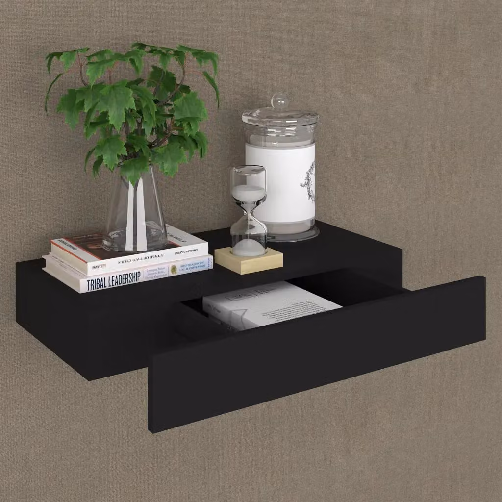 Berkfield Home Floating Wall Shelf with Drawer, Black, W/D/H: 48 x 25 x 8 cm – 2