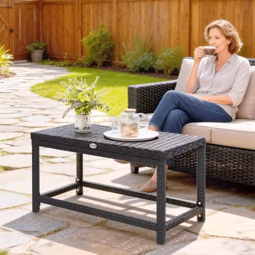 Outsunny Black Outdoor Coffee Table with X-Shaped Frame and Polyrattan Design, W: 80 cm, D: 43 cm, H: 40 cm – 7