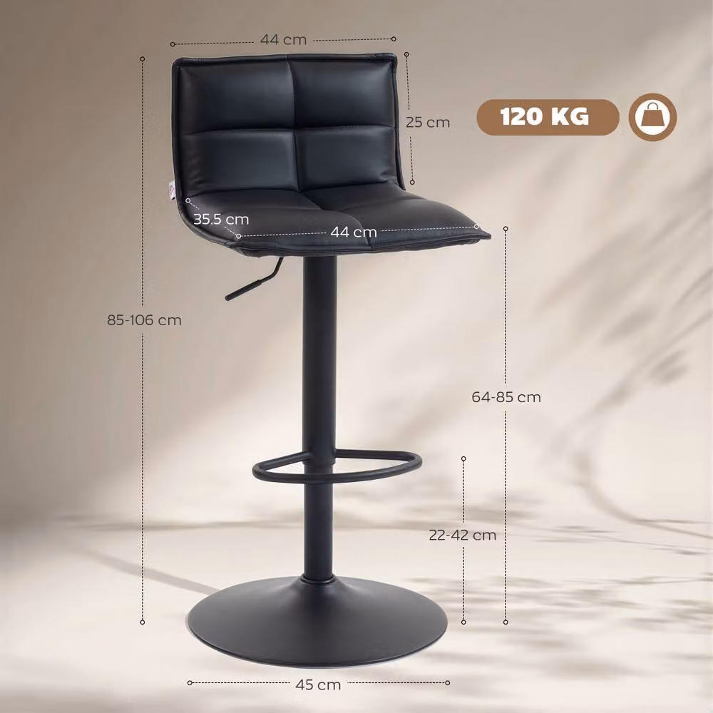 ERGOVEXA Set of 2 Modern Faux Leather Bar Stools in Black with 360 Degree Swivel and Metal Base – 3