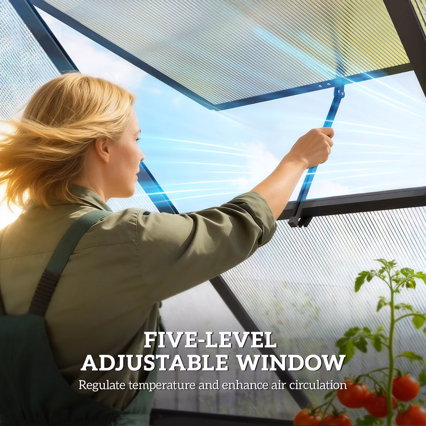 Outsunny Black Polycarbonate Walk-in Greenhouse with Swing Door, Adjustable Window and Rain Gutter, W/D/H: 182.88 x 178.0 x 195.0 cm – 6