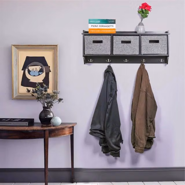 EONLION Wall Mounted Coat Rack with Shelf in Black and Dark Grey, Width: 50 cm