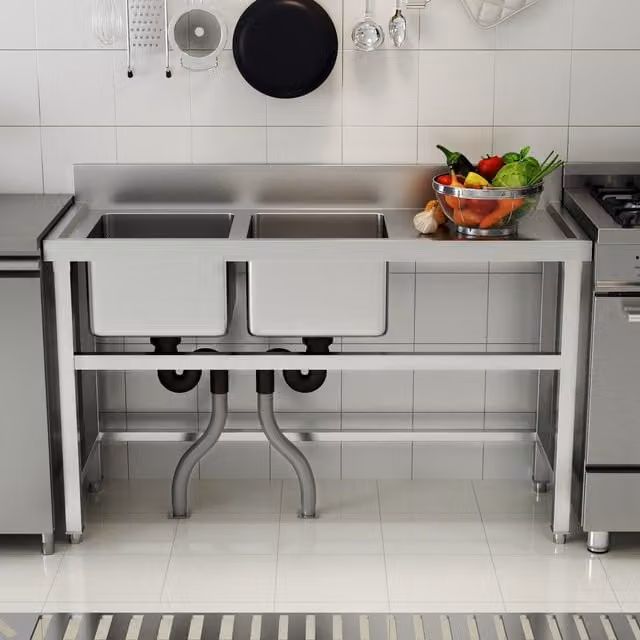 Livingandhome Stainless Steel Commercial Kitchen Table with 2 Sinks and Right-Side Drainboard in Silver