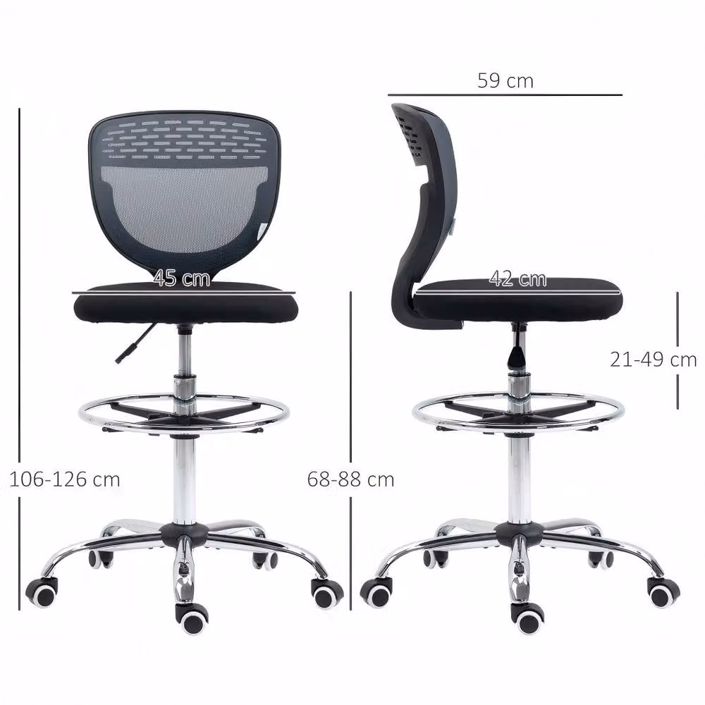 STILVORA Grey Fabric Draughtsman Chair with Adjustable Foot Ring and 360 Degree Swivel, H 88 x W 68 x D 45 cm – 4