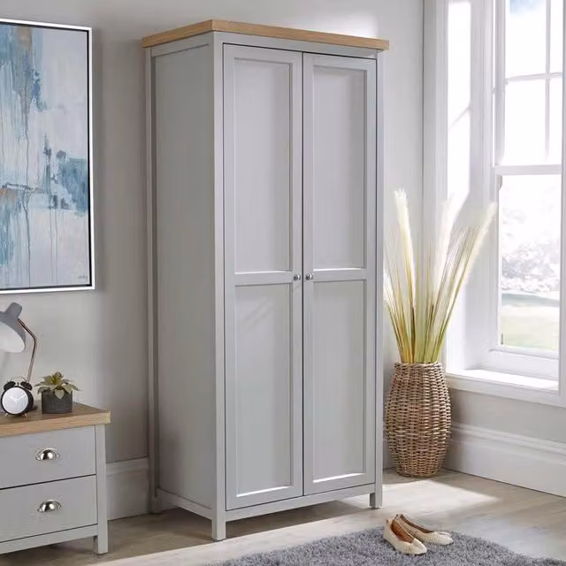 Home Source Grey Oak Two Tone 2 Door Wardrobe with Hanging Rail and Internal Shelves