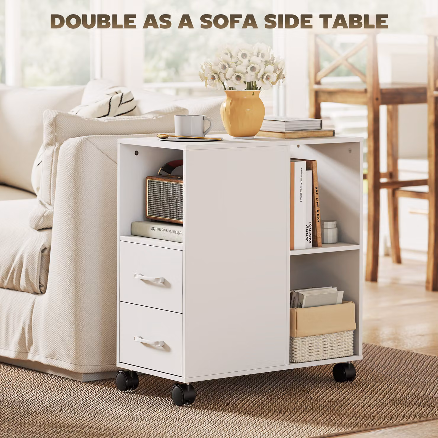 HOMCOM Narrow Mobile Printer Table with Wheels and Drawers, White, W/D/H: 30 x 60 x 65 cm – 4