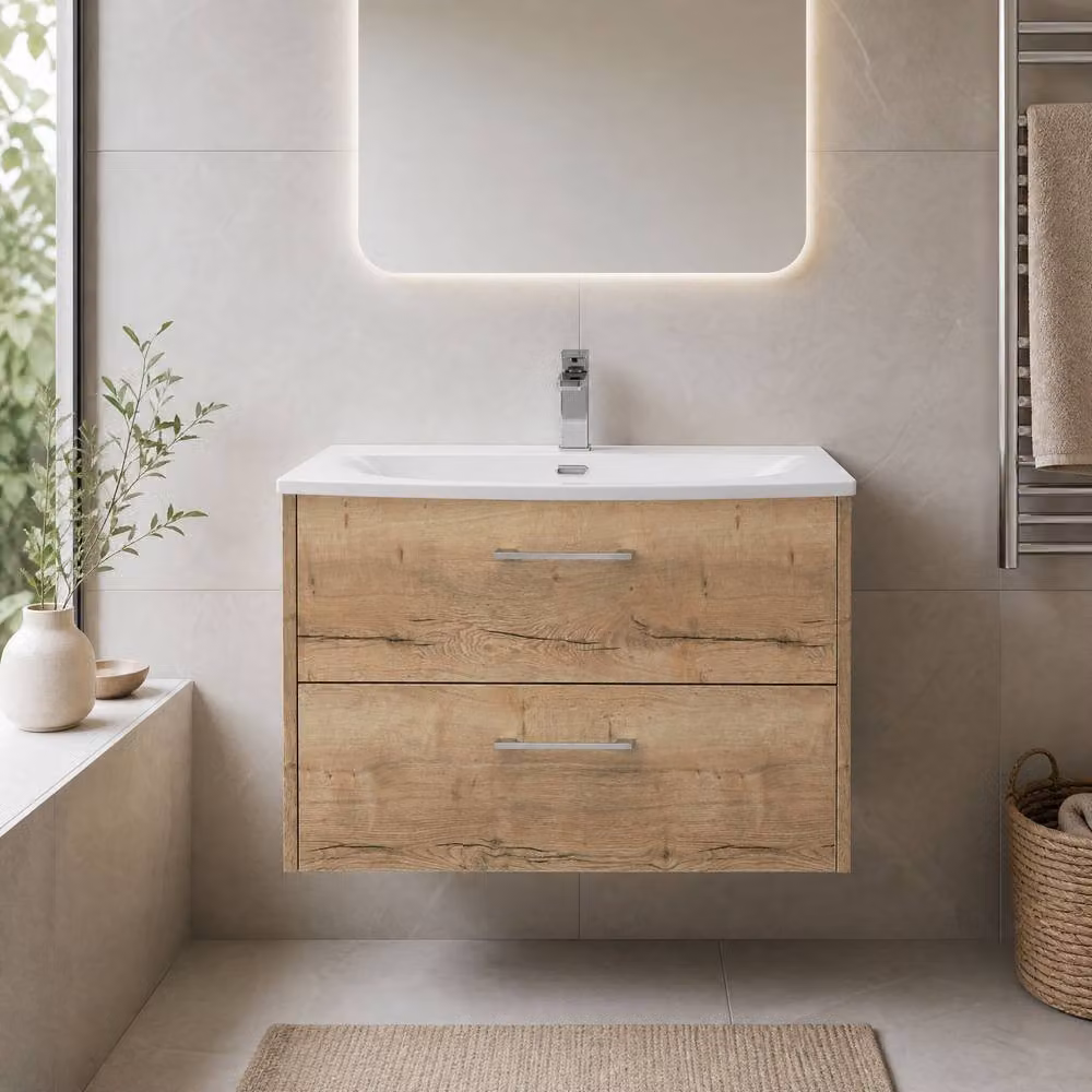 Balterley Winshill Wall Mounted 2 Drawer Vanity Unit with Curved Basin in Light Oak Brown, Width: 80 cm – 2