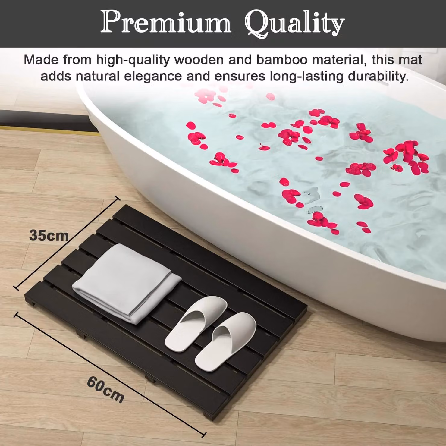 MantraRaj Bamboo Duckboard Anti-Slip Bath Mat, Black, W: 60.0 cm, D: 35.0 cm, H: 3.0 cm – 9