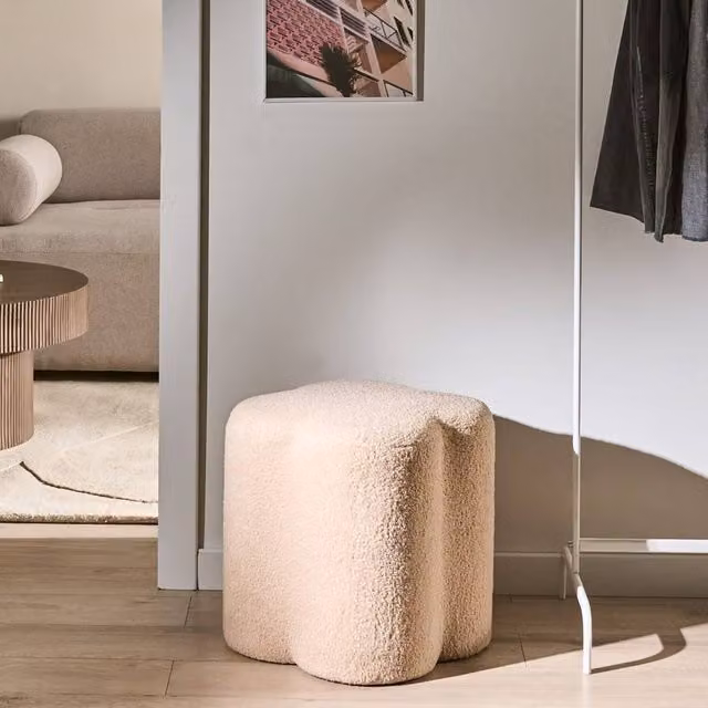 Wyld and Coco Havenly Clover Shaped Beige Bouclé Pouffe Footstool Side Table – 1