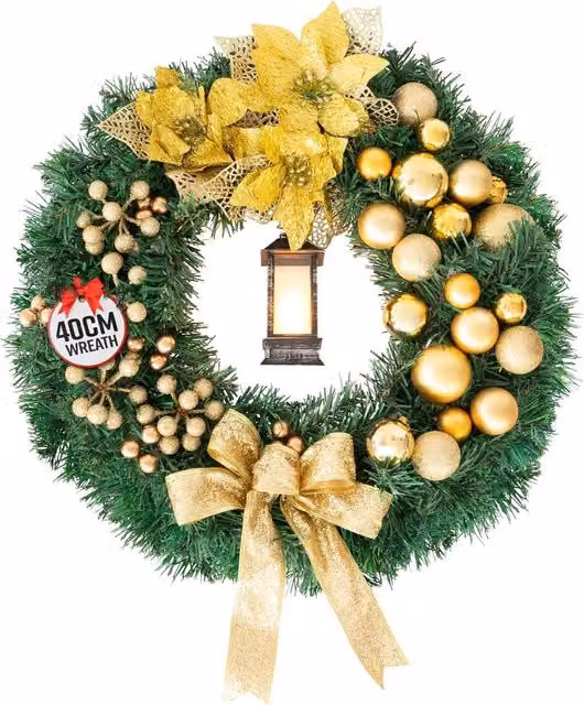 Globrite Yellow Christmas Wreath with Bows, Baubles and Lantern, Diameter: 40 cm