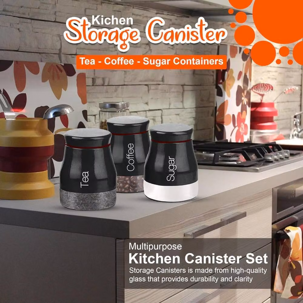 ATEK Set of 3 Glass Kitchen Storage Canisters with Screw Lids in Black and White – 8