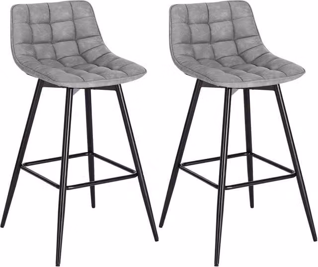 FORGEVIO Set of 2 Modern Grey Synthetic Leather and Metal Bar Stools for Kitchen and Pubs