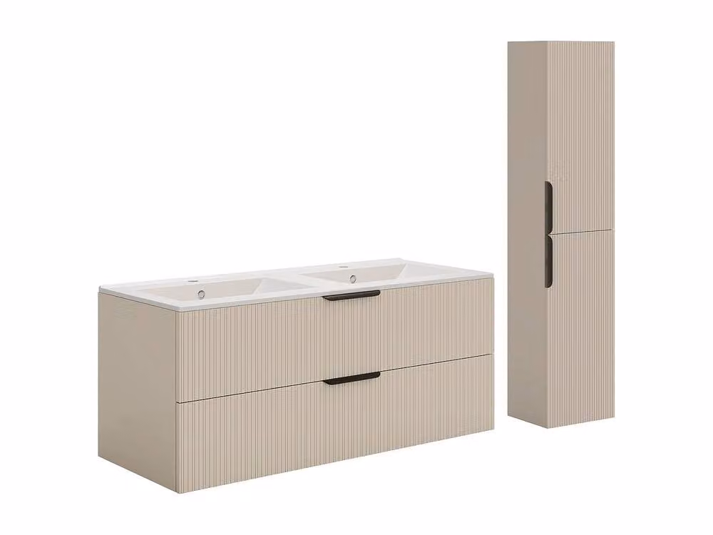 Vente-unique Fluted Wall-Hung Bathroom Unit with Inset Basin and Tall Cabinet in Beige – 2