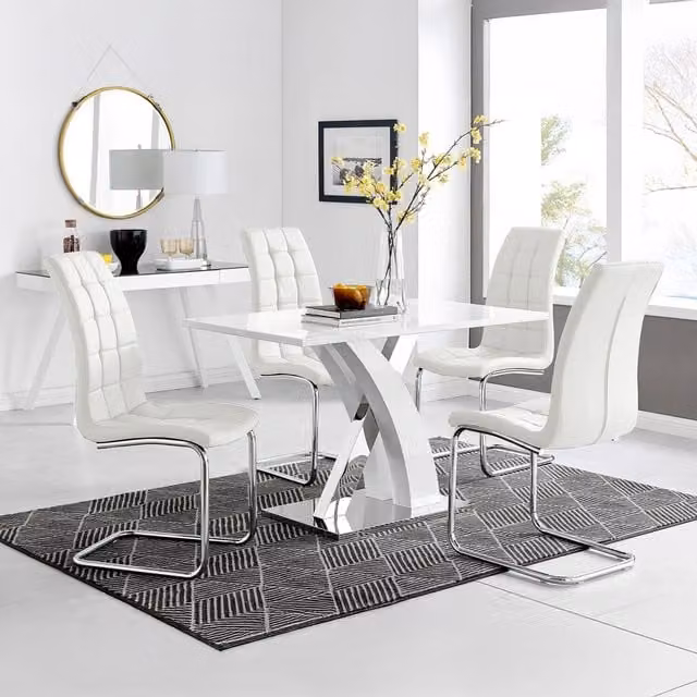 FurnitureboxUK Atlanta White Gloss and Chrome Rectangle Dining Table and 4 Murano Dining Chairs Set