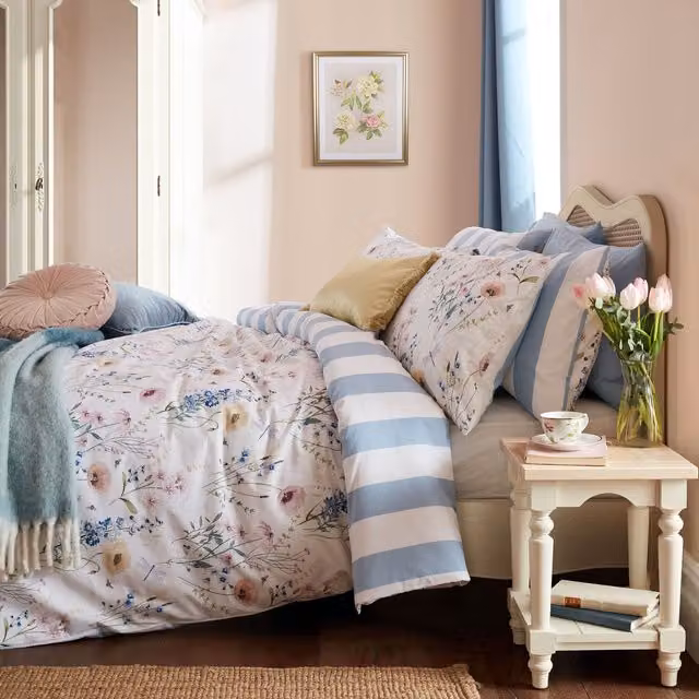 Laura Ashley Alford Meadow Floral Cotton Percale Duvet Cover and Pillowcase Set in Delphinium Blue