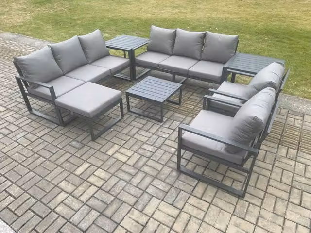 Fimous Modern Aluminium Garden Lounge Sofa Set in Dark Grey with Coffee Table, 2 Armchairs, Ottoman and 2 Side Tables