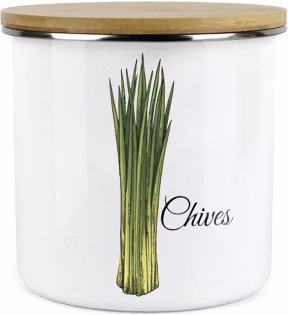 Purely Home Classic Herbs Chives Kitchen Food Storage Canister in White Enamel Metal
