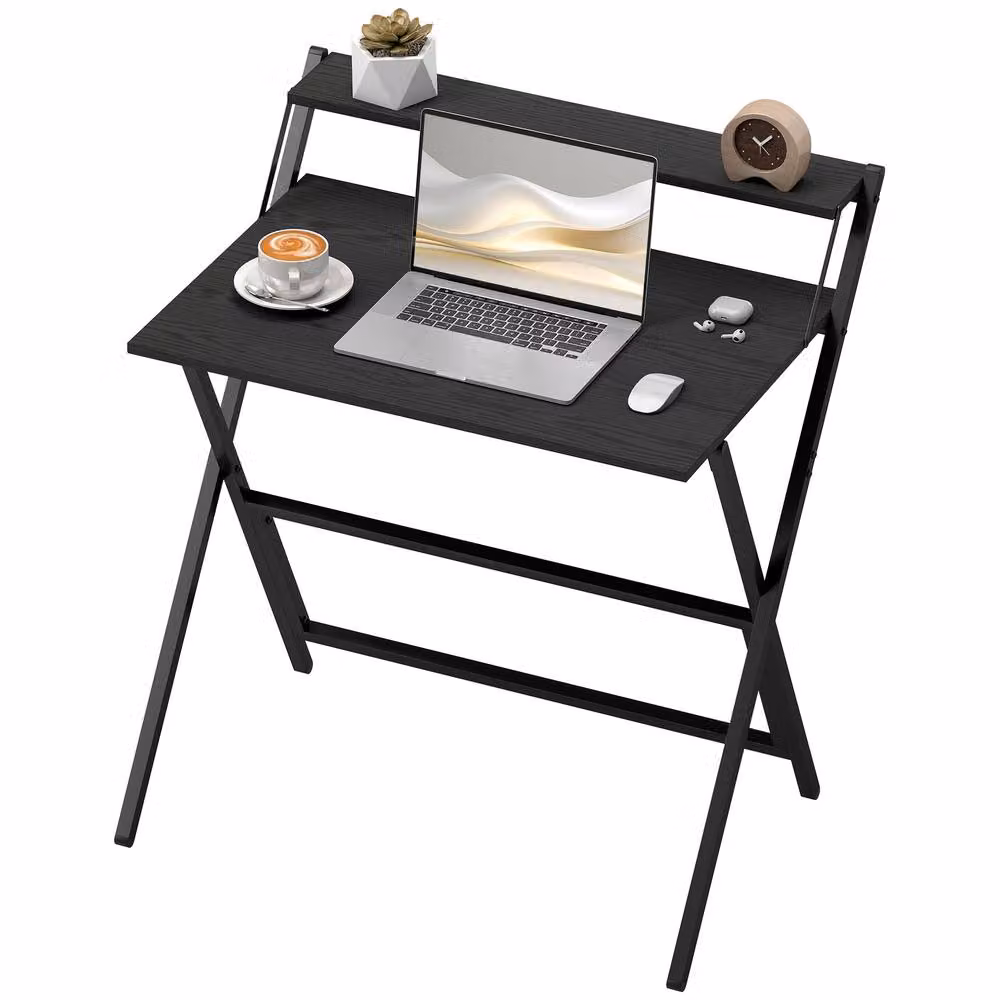 Rolipo Black Folding Computer Desk with Monitor Shelf – 2