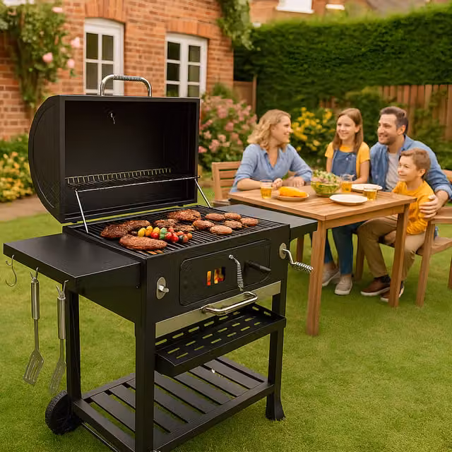 Campfire Outdoor Charcoal BBQ Grill Trolley with Chimney and Shelf - Black