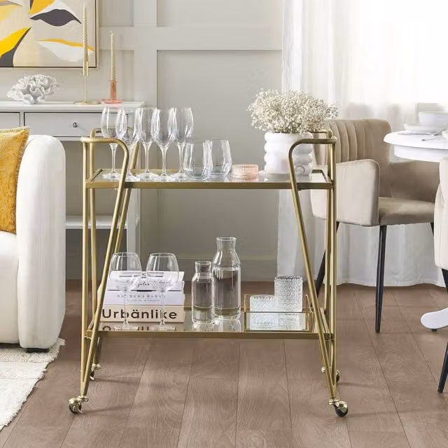 Wyld and Coco Gold Metal and Glass Art Deco Kitchen Trolley with Braked Castors, H 83 cm x W 76 cm x D 45 cm