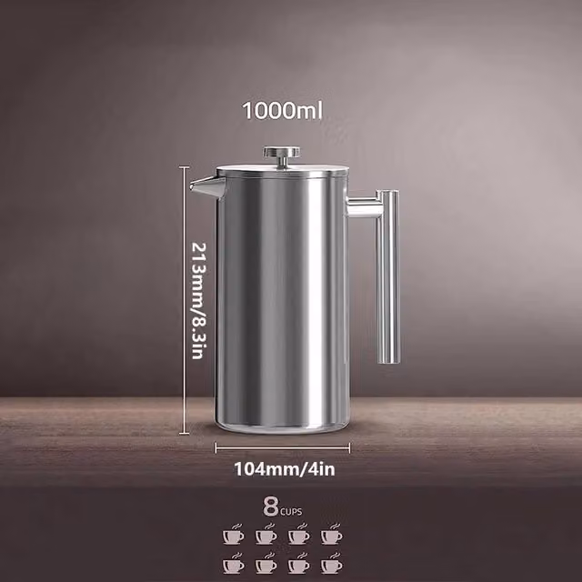 FLAVORA Stainless Steel and Glass French Press Coffee Maker, 1000ml, Metallic Silver