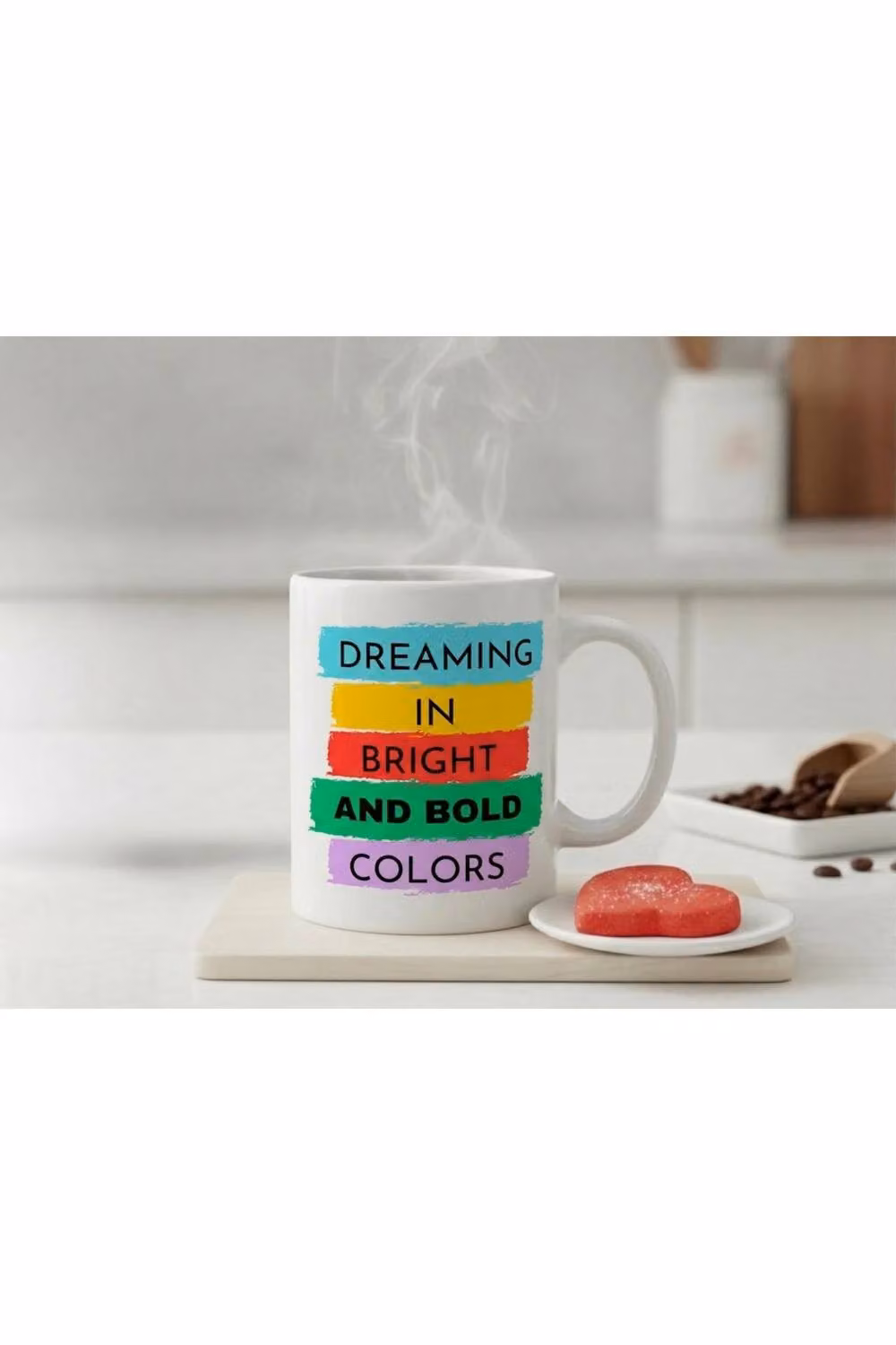 Dyzi Dreaming in Bright & Bold Colours Quote Ceramic Coffee Mug, White – 2