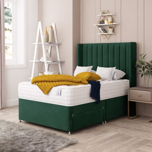 Bed Choices Regent Upholstered Velvet Divan Bed with 2 Drawers, Mattress and Headboard in Green, W/D/H: 120 x 200 cm
