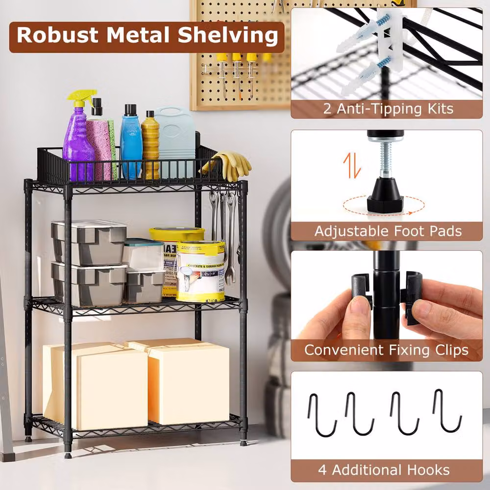 Costway 3-Tier Adjustable Metal Wire Shelving Unit in Black – 8