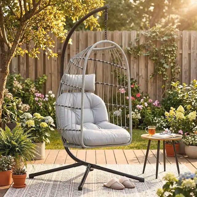 Outsunny Modern Rattan Outdoor Hanging Egg Chair with Stand and Safety Strap, Light Grey