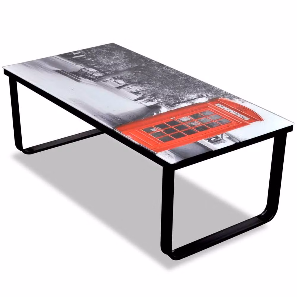 Berkfield Home Modern Rectangular Coffee Table with Telephone Booth Printing Glass Top in Black and Multicolour – 1