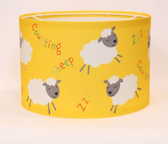 Happy Linen Company Farm Friends Counting Sheep Fabric Drum Pendant Lampshade in Yellow, Diameter: 18 cm, Height: 21 cm