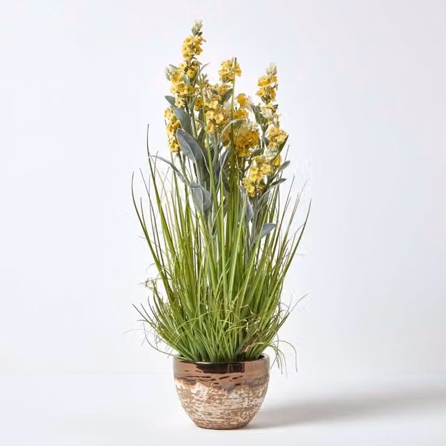 Homescapes Artificial Yellow and Purple Lavender Plant in a Round Metallic Ceramic Pot, Height: 66 cm
