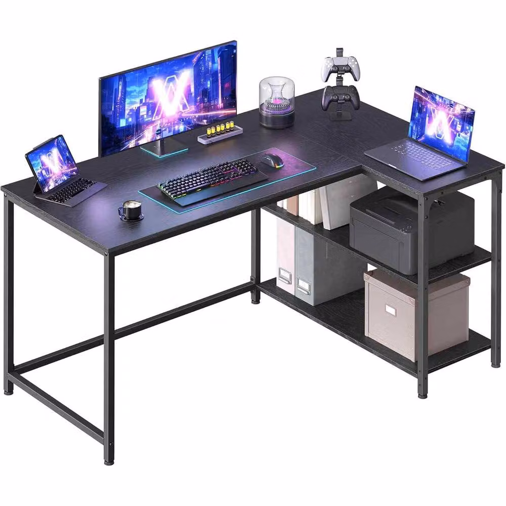The Bazaarist Corner Gaming Desk with Adjustable Storage Shelves in Jet Black – 2