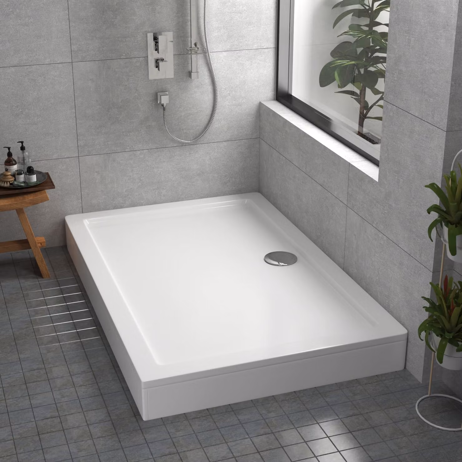 Apex Rectangular Mineral Cast Stone Shower Tray with Riser Kit, White, W: 170 cm, D: 90 cm, H: 3 cm