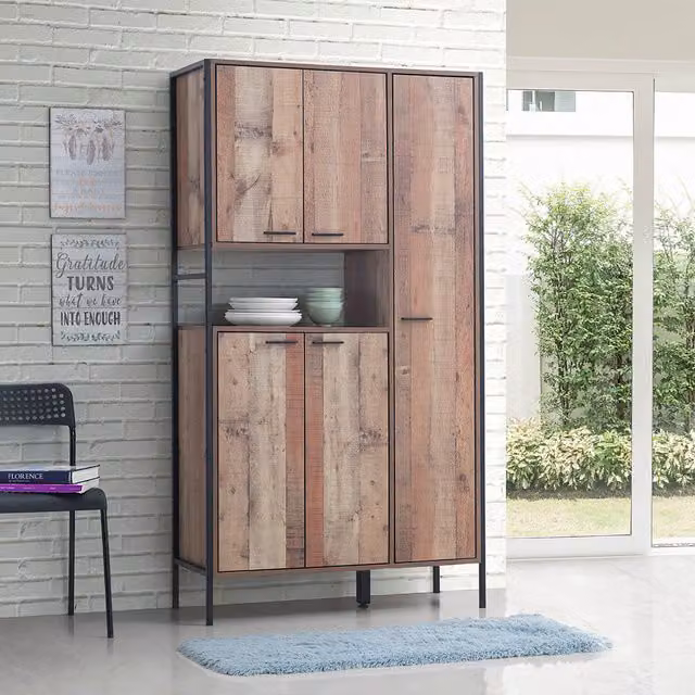 Timber Art Design Industrial Tall Kitchen Larder Cabinet in Black or Brown with Hinged Doors and Internal Shelves, H 180 x W 98 x D 40 cm