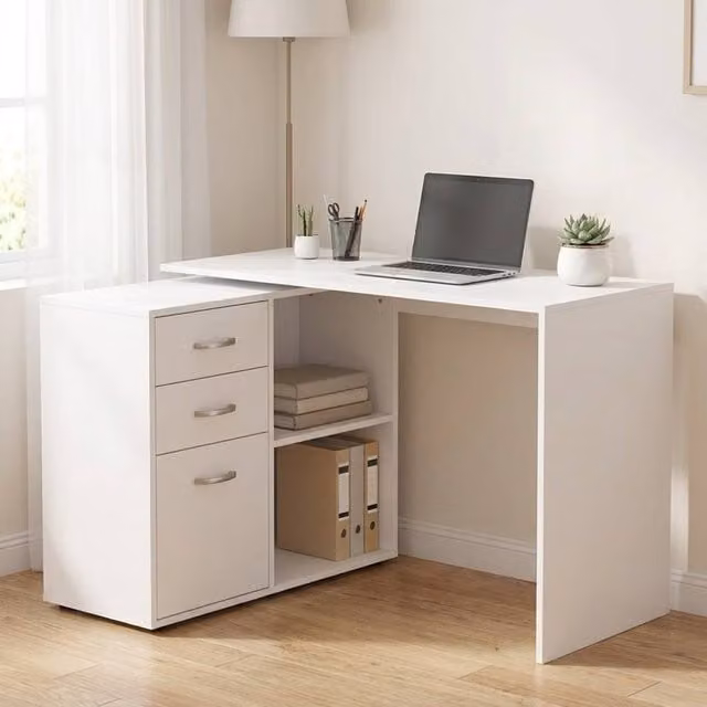 STILVORA Reversible White Corner Desk with Dual Pedestal and Matt MDF Finish W/D/H: 117 x 117 x 50 cm – 1