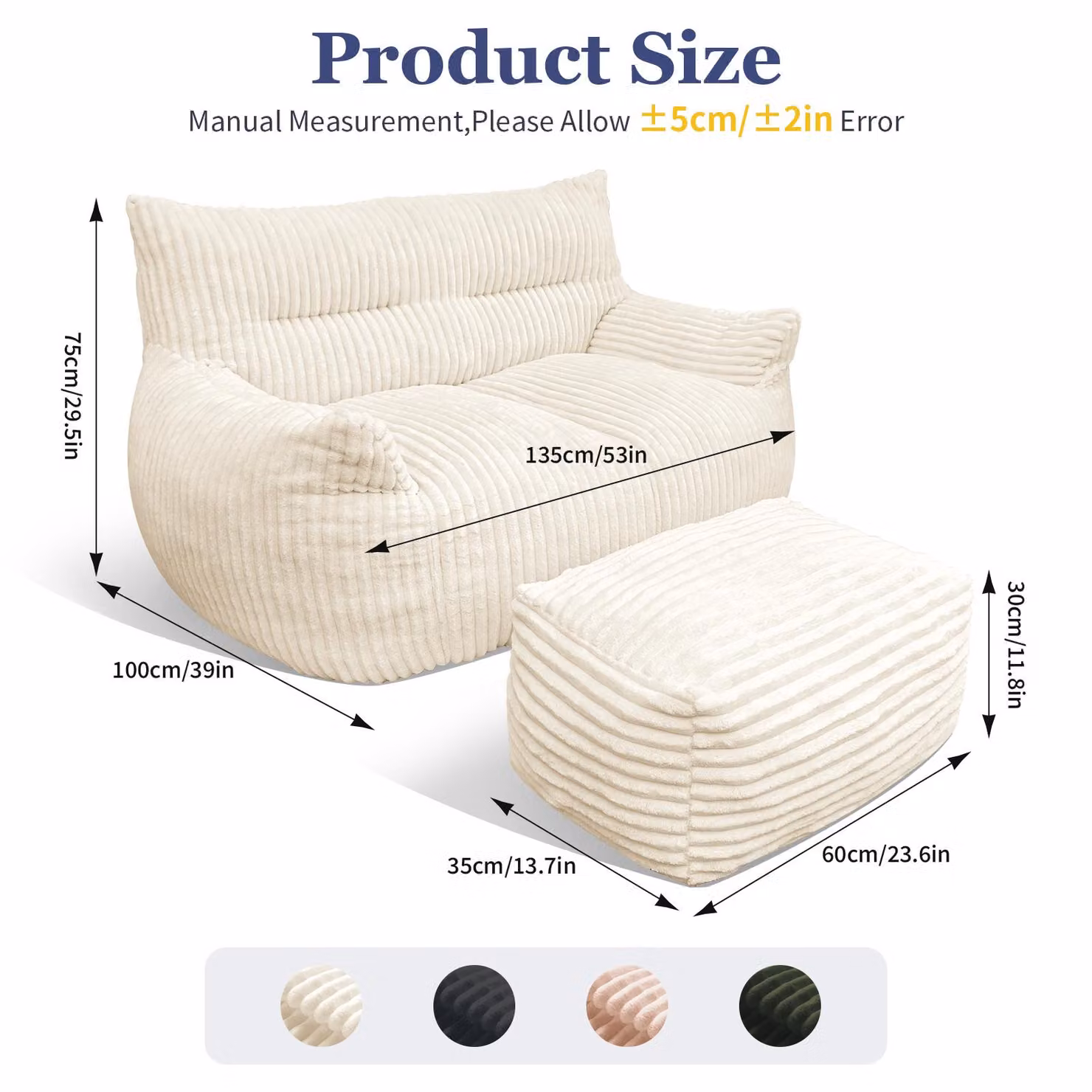 Aosom UK Oversized 2-Seater Corduroy Sofa with Matching Ottoman, White, W/D/H: 135 x 100 x 75 cm – 2