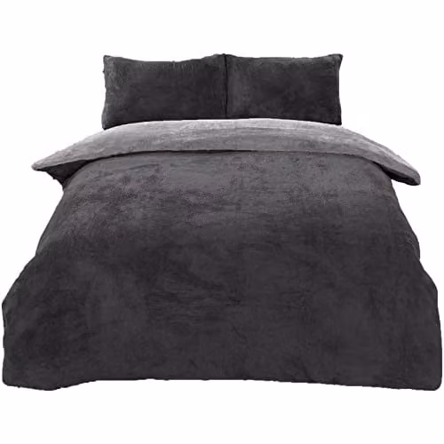 Brentfords Reversible Teddy Fleece Duvet Cover and Pillowcase Set, Grey/Silver, W/D/H: 135 x 200 cm