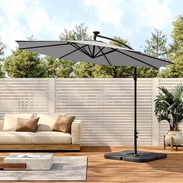 Livingandhome 32 LED Lighted Banana Hanging Cantilever Parasol with Base in Grey