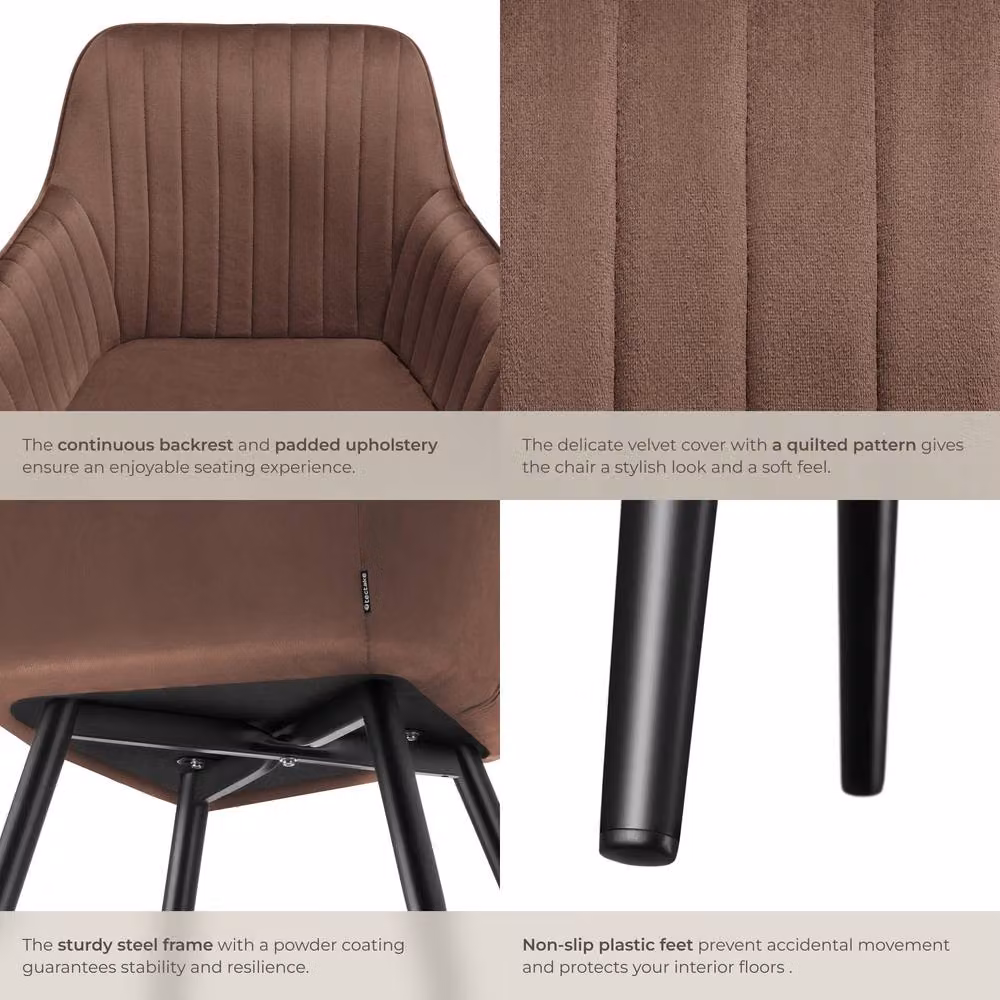 tectake Marilyn Set of 4 Dining Chairs in Brown and Black Velvet with Armrests – 5