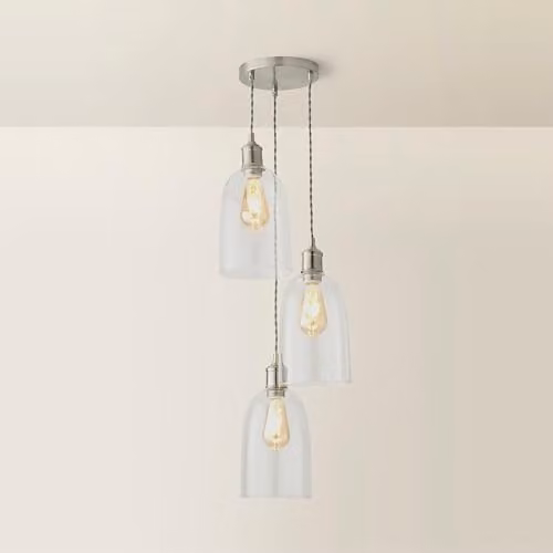 ValueLights Kira 3 Drop Cluster Glass Cloche Dome Ceiling Pendant Light in Brushed Chrome and Transparent Glass