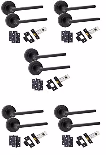 Golden Grace Leon Straight Door Handles and Latches, Matt Black, 5 Sets