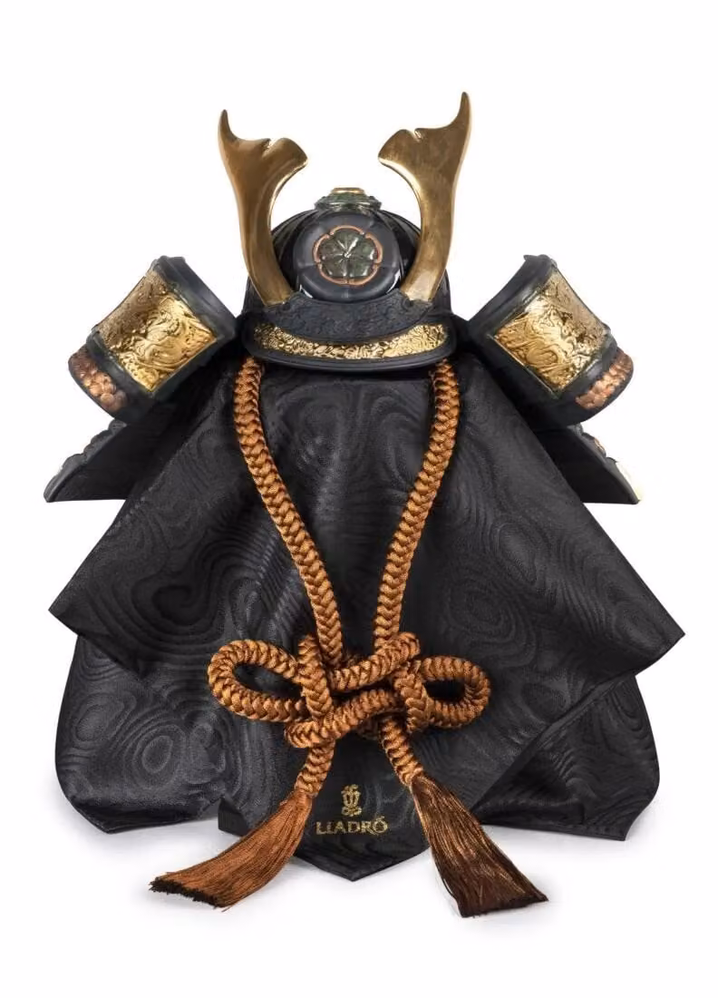 Lladró Orange Samurai Helmet Porcelain Figurine in Black, Orange and Gold