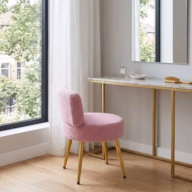 PAWNORA Dressing Table Chair in Purple Bouclé with Pink Metal Legs