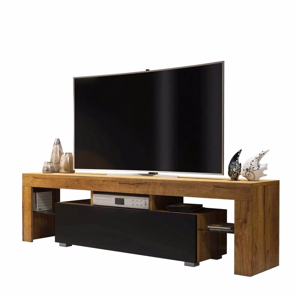 FORGEVIO Modern Oak Wood TV Unit and Sideboard Cabinet in Brown and Black with Glass Details – 2