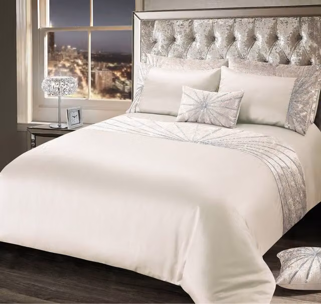 Intimates Luxury Crushed Velvet Diamante Starburst Duvet Cover and Pillowcase Set in Beige, Silver and White, W/D/H: 90 x 190 cm
