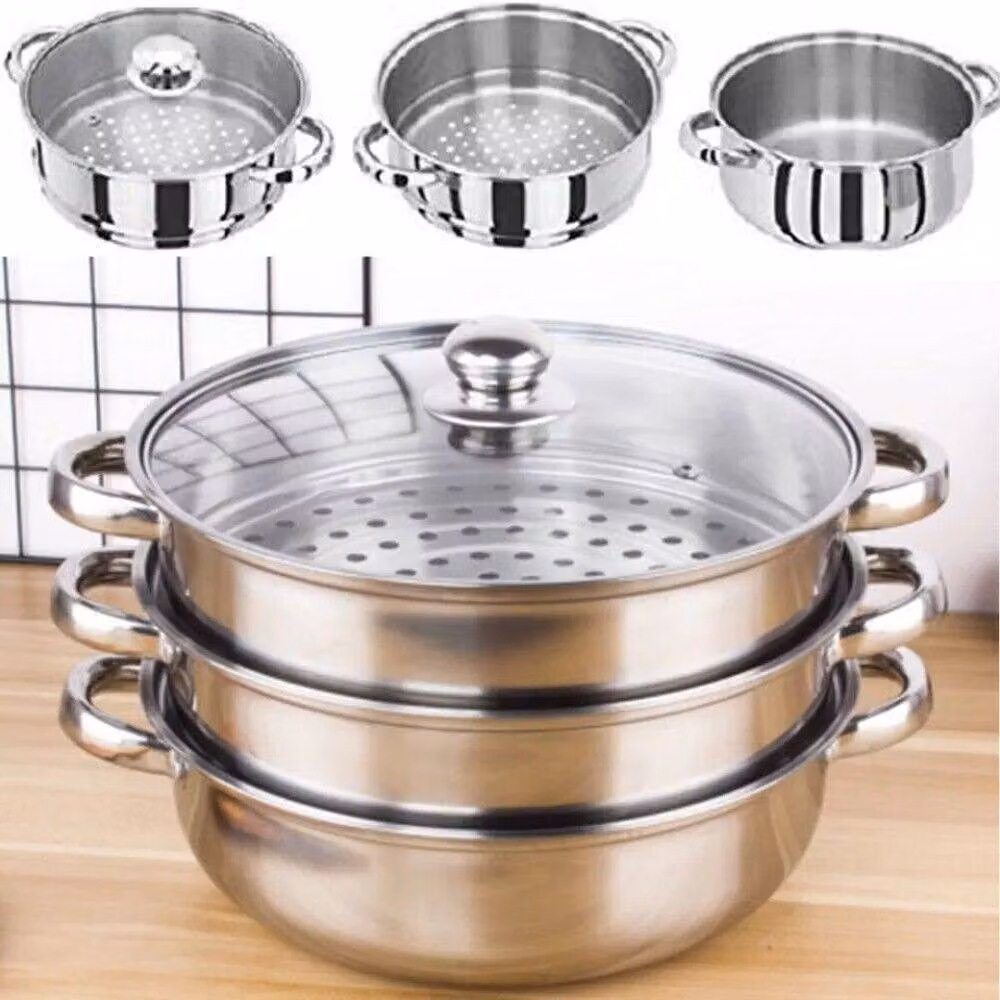 VOGREX 3 Tier Stainless Steel Steamer Pot with Glass Lid, Silver, 28 cm – 2