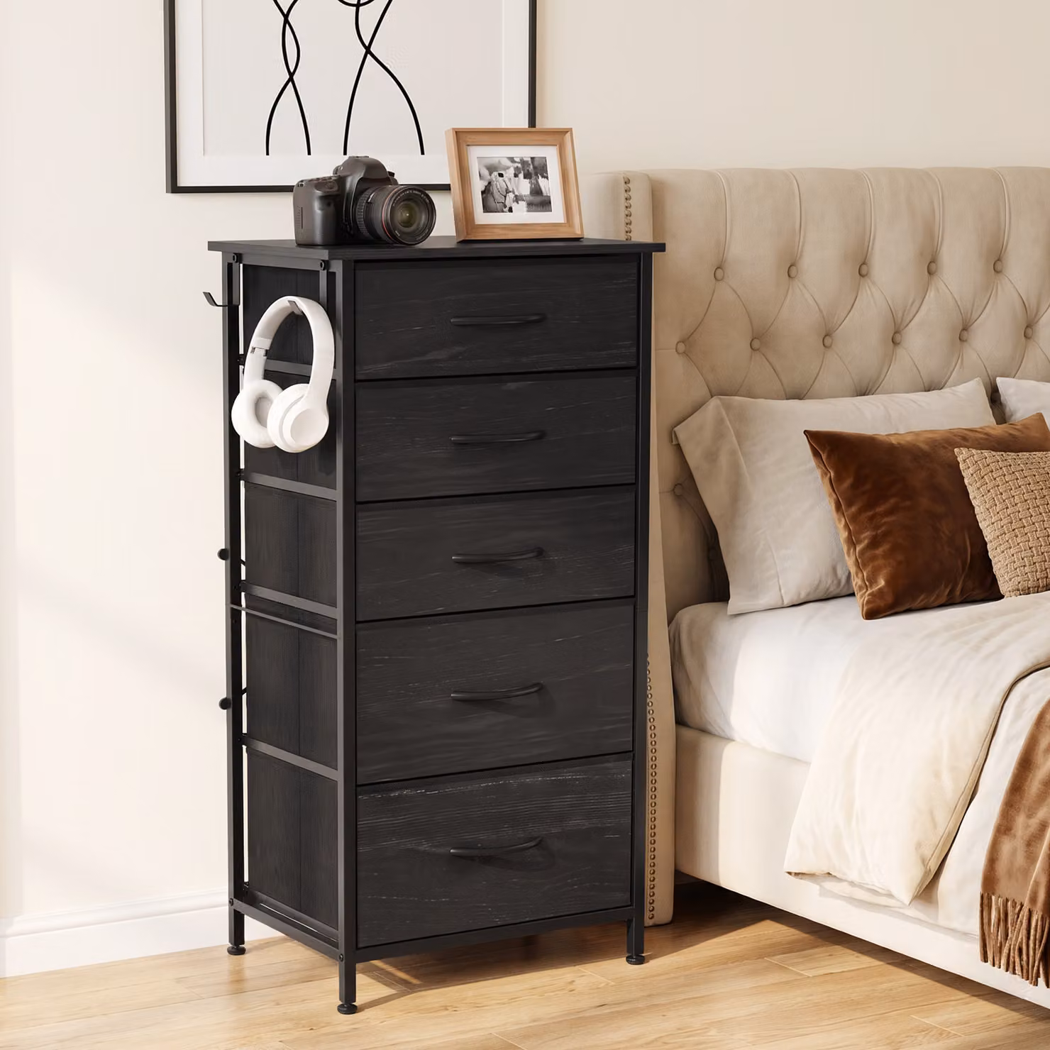 HOMCOM Modern Black Fabric Chest of Drawers with 5 Drawers and Metal Frame – 2