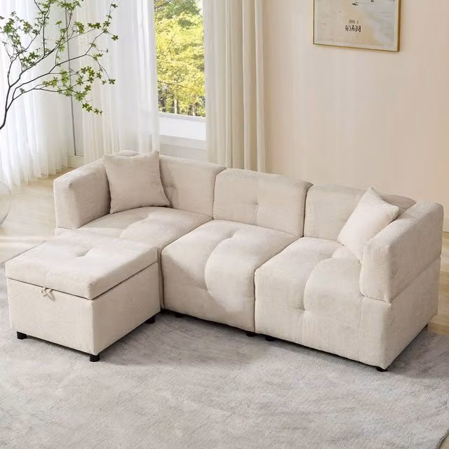 Tokpiedi 3 Seater Reversible L-Shape Corner Sofa with Storage Ottoman in Beige Linen Fabric