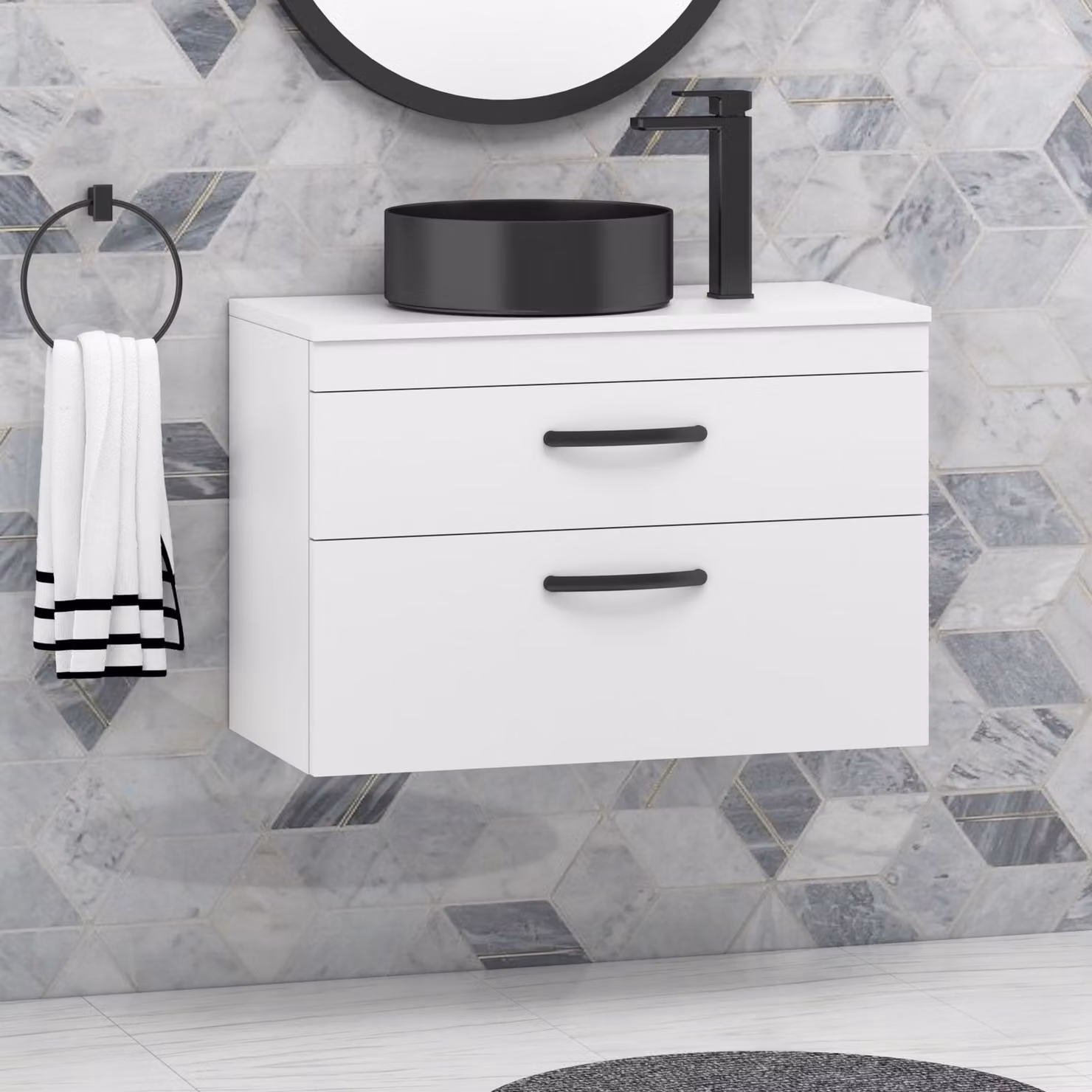 Royal Bathrooms 800mm Wall Hung 2 Drawer Gloss White Vanity Unit with Art Round Ceramic Countertop Basin