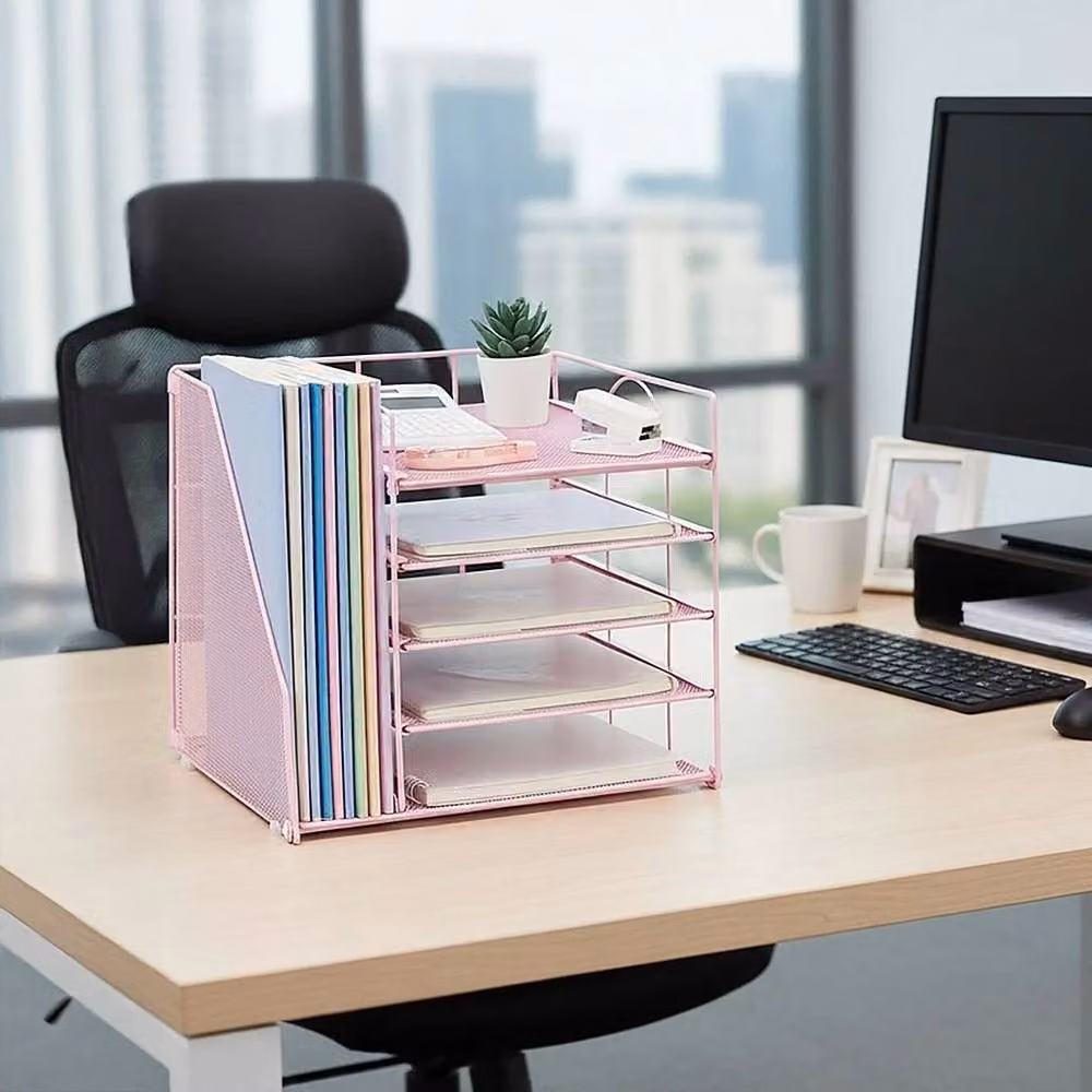 FORGEVIO 5 Tier Stackable A4 Metal Letter Tray in Pink, W: 28.5 cm, D: 26.5 cm, H: 31.5 cm – 3